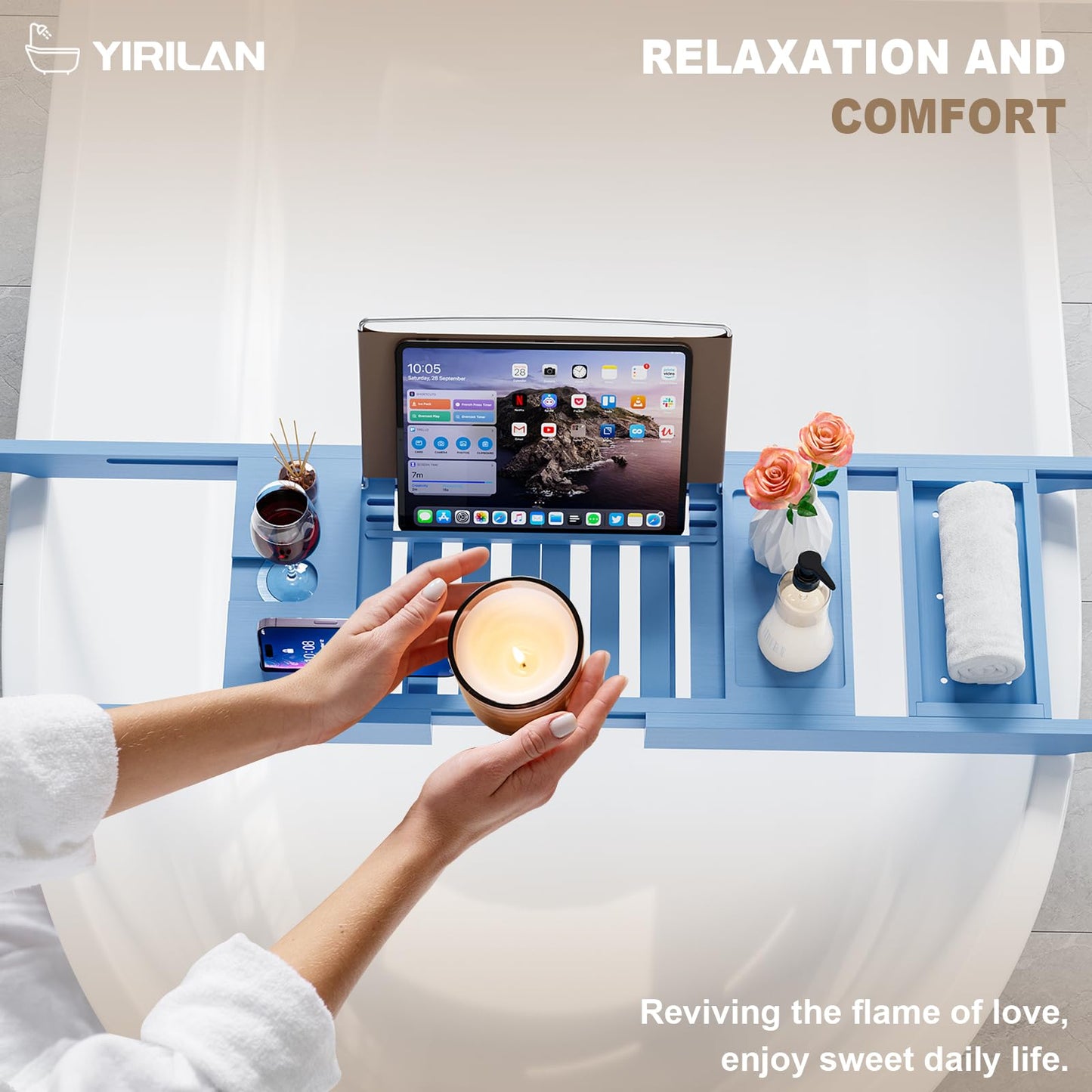 Yirilan Bamboo Bathtub Tray Caddy, 1 or 2 Person Expandable Wooden Bathroom Tray, Luxury Bamboo Bathtub Tray Expandable, Bath Tub Table Caddy with Extending, Blue