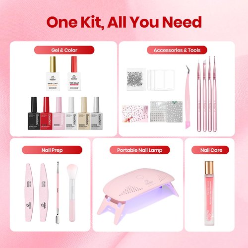 Beetles 22 Pcs HEMA-Free Gel Nail Polish Kit with U V Light - 6 Color Pink Black White Red Shiver Glitter Gel Polish Set Timeless Charm Gift-Ready Package Salon Manicure Kit Women Girls Teens Gifts