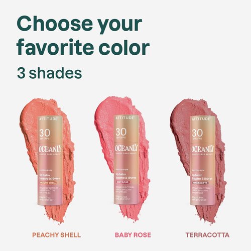 ATTITUDE Oceanly Tinted Lip Balm - SPF 30, EWG Verified, Plastic-Free, Vegan, Baby Rose, 0.3 Ounce