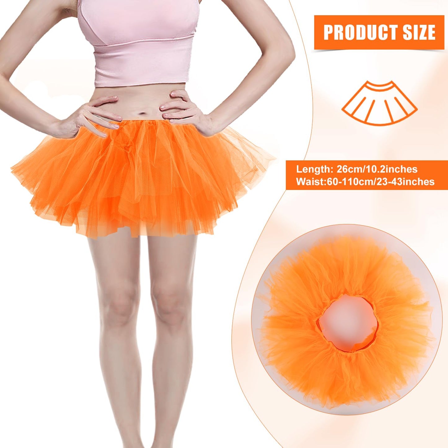 2pcs Tutu Skirts, 5 Layered Tulle Tutu Skirt Elastic Mini Tutu Skirt Layered Ballet Mesh Skirt Tutu Costume Tutu Dress for Women Dace Show Halloween Dress Up Party (Orange)