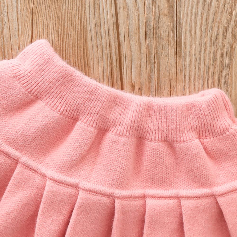 Toddler Baby Girls Autumn Winter Fall Clothes Knit Long Sleeve Ruffle Sweater Top+Pleated Mini Tutu Skirt 2pcs Outfit for Kids Princess Casual Playwear Homewear Clothing Set Pink-Bow 2-3T