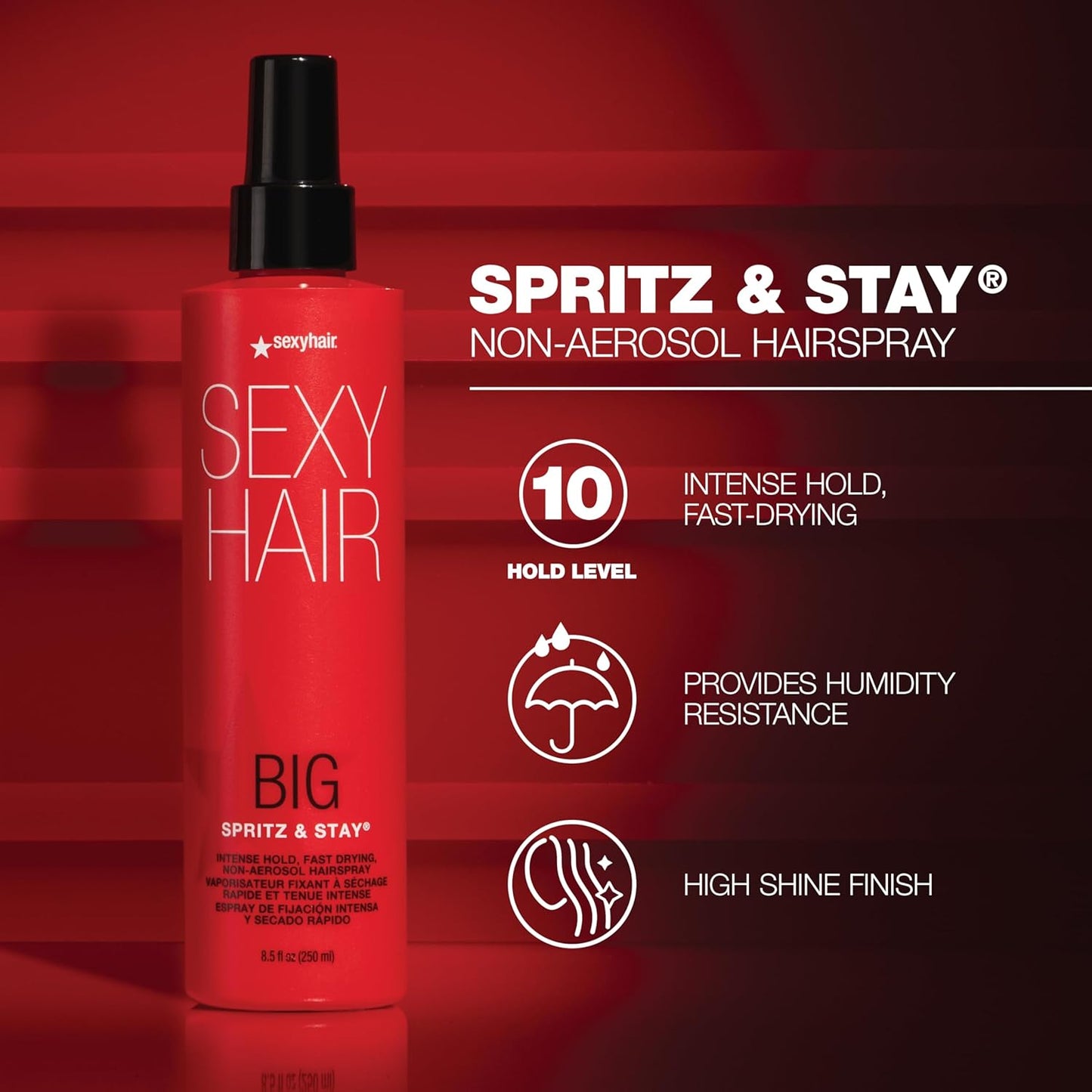 SexyHair Big Spritz & Stay Hairspray - Intense Hold & Shine, 8.5 Oz | Fast Drying for All Hair Types