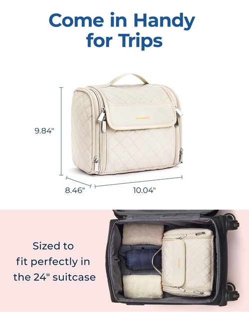 BAGSMART Toiletry Bag Travel Makeup Bag with Hanging Hook, Cosmetic Bag Make Organizer Case, Large Capacity Water-resistant Organizer for Toiletries Accessories Brushes Sponge, Beige