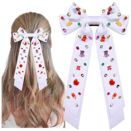 Teacher Accessories Outfits Teacher Hair Bow Clips for Women Large Back To School Pencil Hair Bows Crystal Embellished Ribbon Bow Clips Back To School Outfits Teacher Appreciation Gifts (Pattern D)