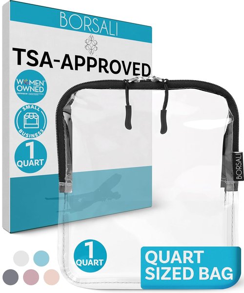 BORSALI TSA Approved Clear Toiletry Bag - Quart Size for 3-1-1 Liquids | Travel Cosmetic Organizer