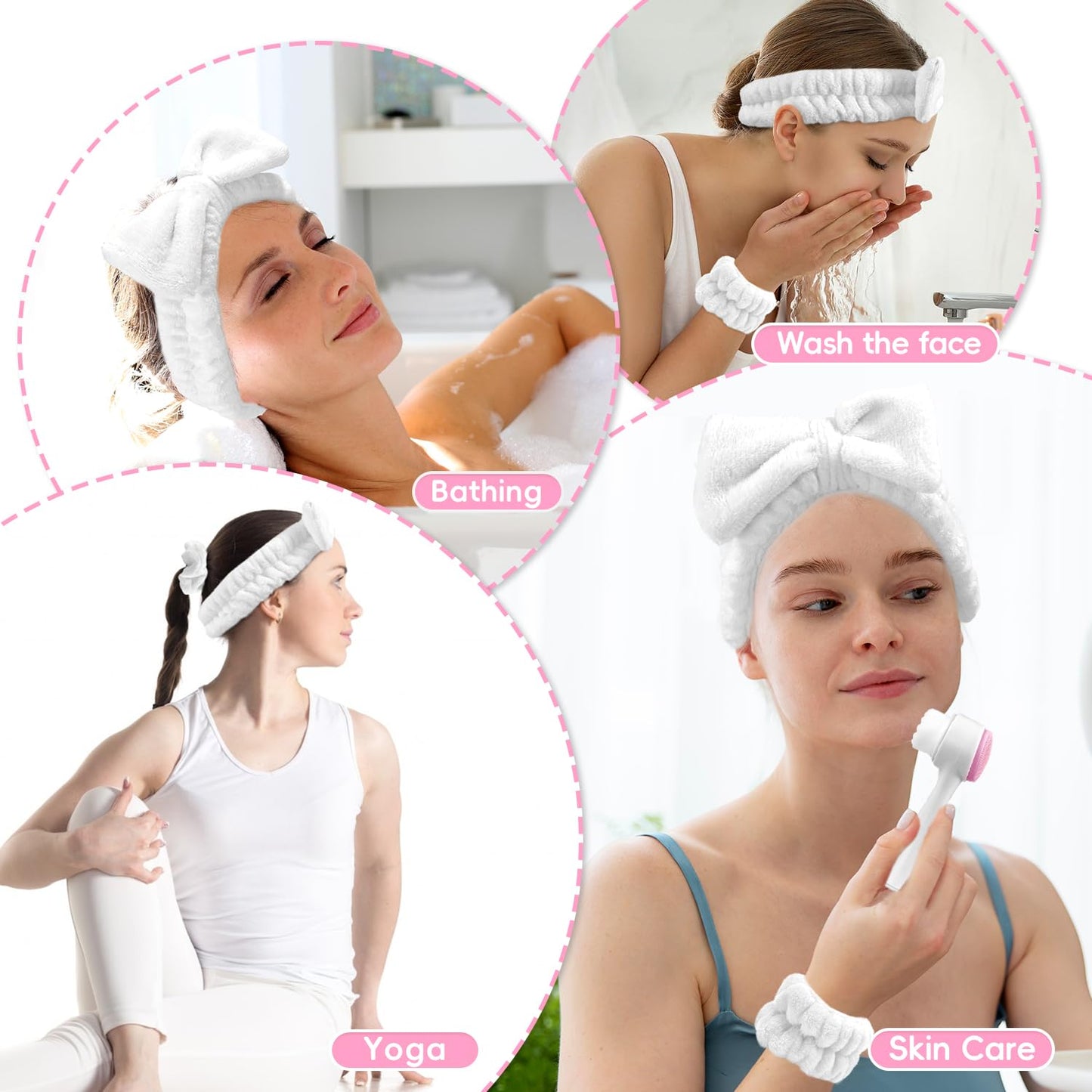 my novel things Spa Headband for Washing Face, Skincare headband and wristband set, Facial Cleansing Brush, 2-in-1 Skin Care face Brush, Come with a Hair Scrunchie, For Massaging Makeup Skincare-White