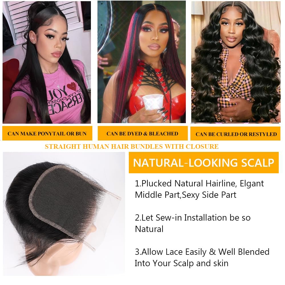 QTHAIR 14A Brazilian Virgin Hair Straight Human Hair with Closure (12 14 16+10Closure) 100% Unprocessed Straight Brazilian Virgin Hair Weave Natural Color Brazilian Straight Hair Bundles