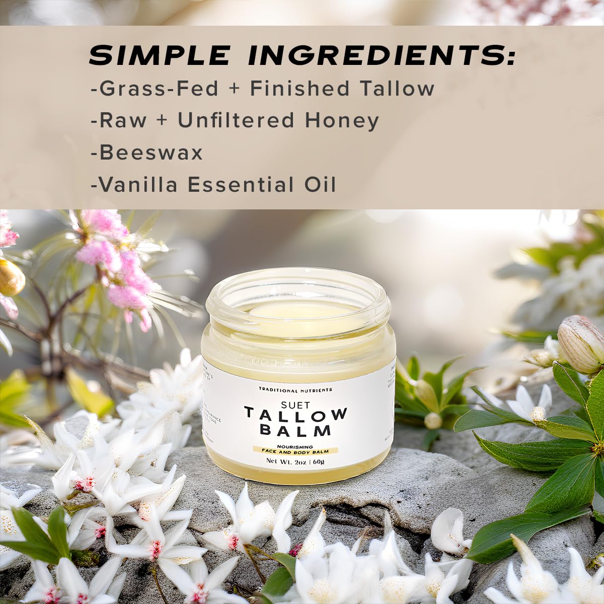 TRADITIONAL NUTRIENTS Suet Beef Tallow + Raw Honey Balm for Skin with Vanilla Essential Oil, Natural Grass Fed Tallow Moisturizer for Face and Body (2oz)
