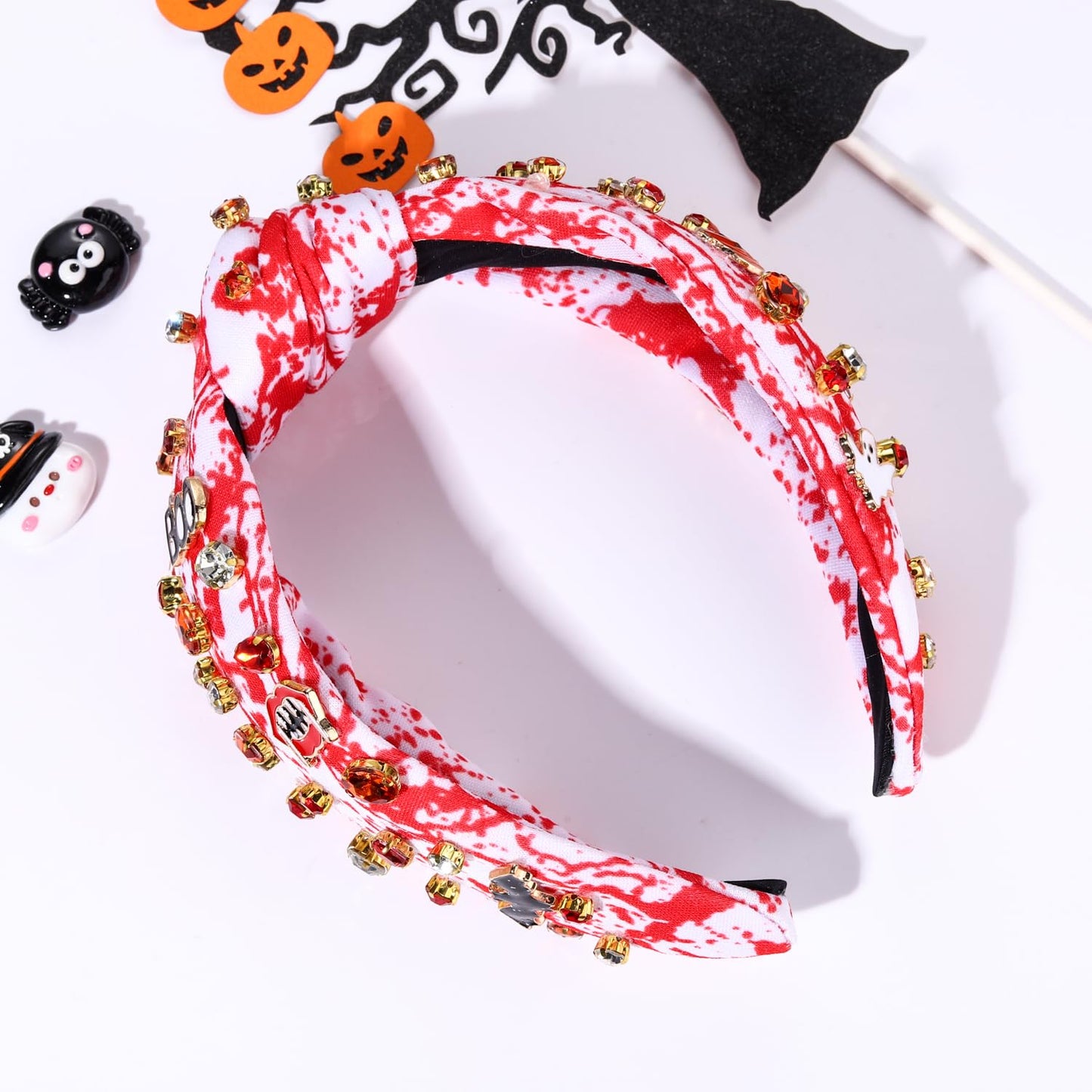 Halloween Headband for Women BOO Bat Vampire Lips Charm Knotted Headband Crystal Blood Splatter Print Top Knot Hairband