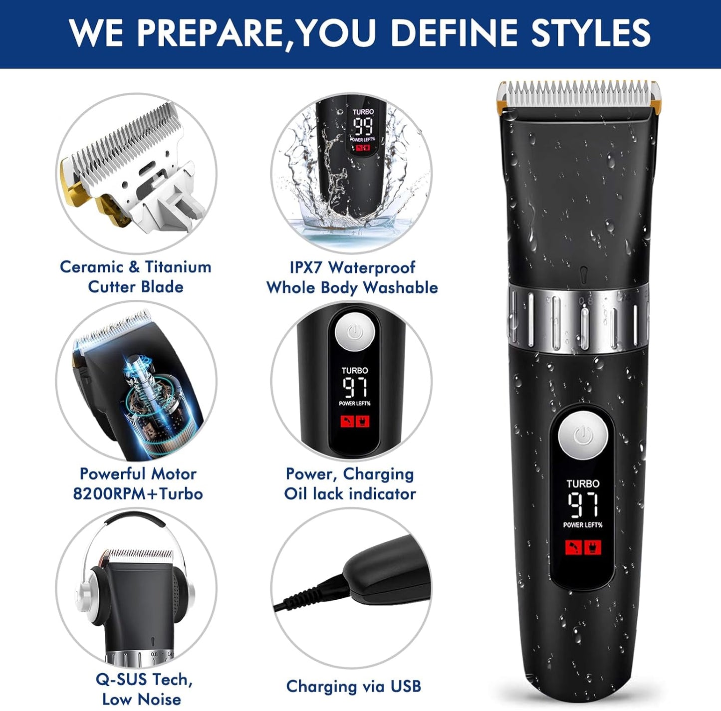 Hair Clippers for Men Professional, Cordless Beard Trimmer Mens Cutting Kit Barbers Haircut Electric Grooming Machine - USB Rechargeable & Waterproof with LED Display