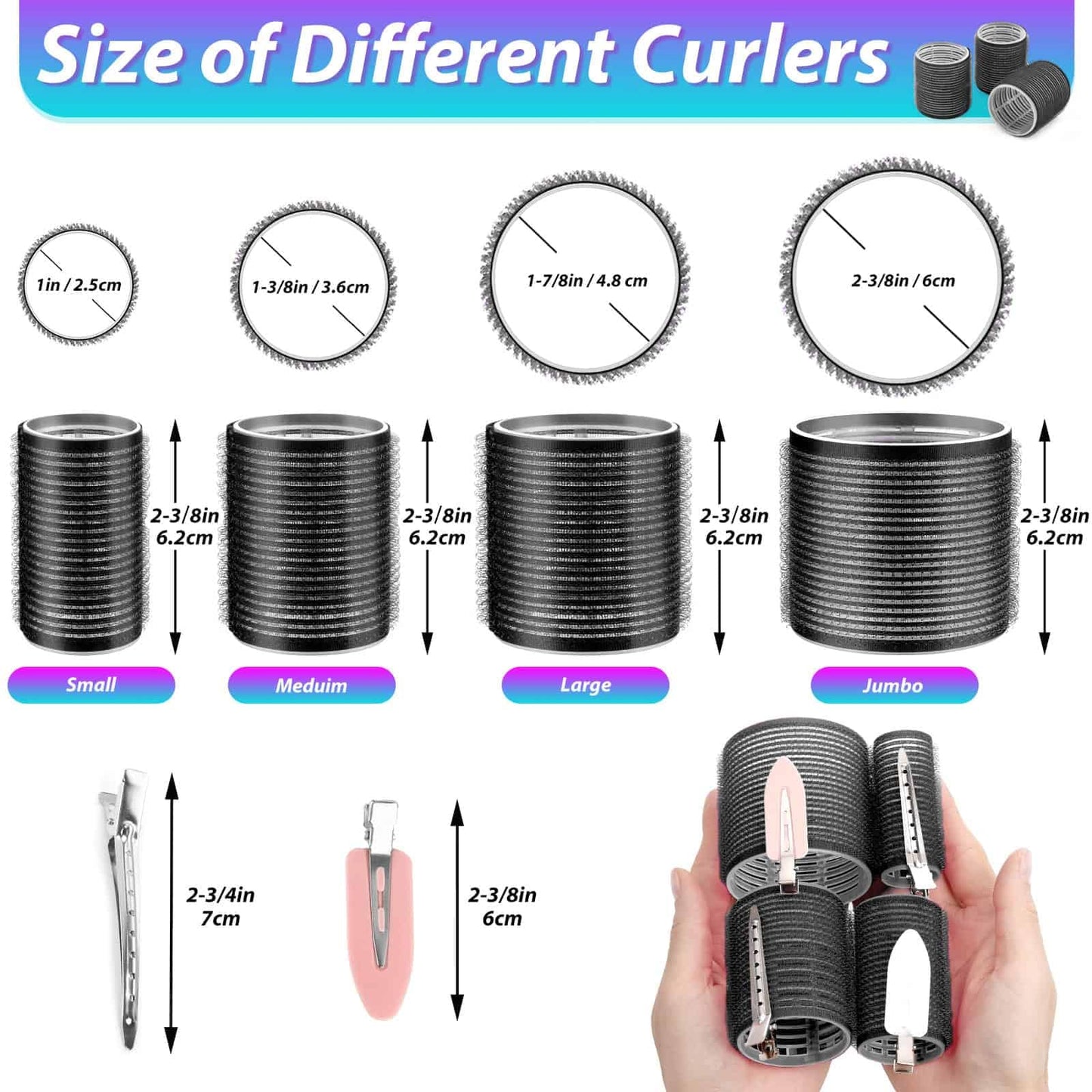 Hair Curlers Set with 24 Rollers (6 Jumbo, 6 Large, 6 Medium, 6 Small) and 24 Clips for All Hair Lengths (Black)