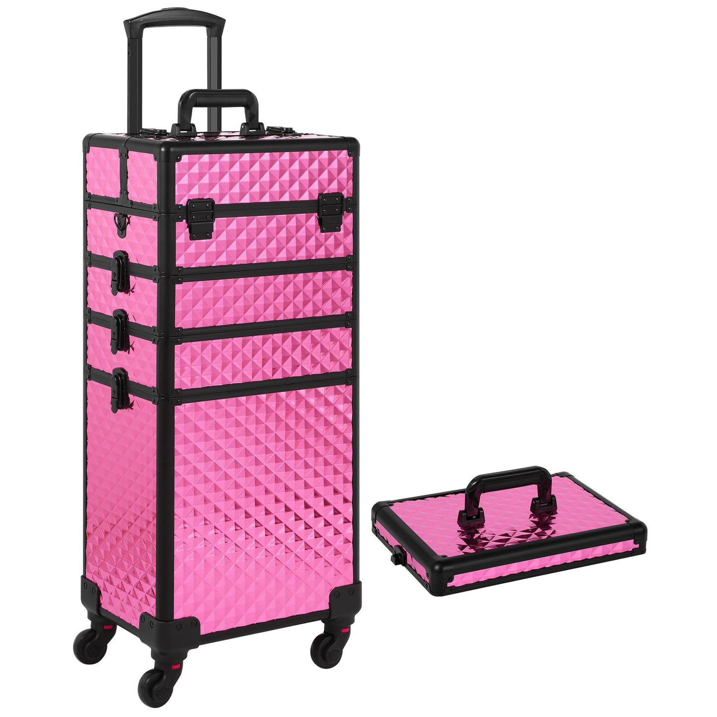 Somduy Rolling Makeup Case, Makeup Train Case with Lid, 5 in 1 Cosmetology Case on Wheels, Christmas Gift, Large Makeup Case Organizers, Profesional Cosmetic Case for Salon Barber, Rose Red