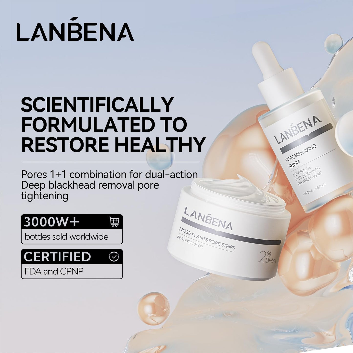 LANBENA 3-in-1 Blackhead Removal Set - Pore Strips (30g), Pore Minimizing Serum (30ml) & Removal Paper - Mask for Face, Minimizes Pores & Leaves Skin Fresh & Clean, Blackhead Remover