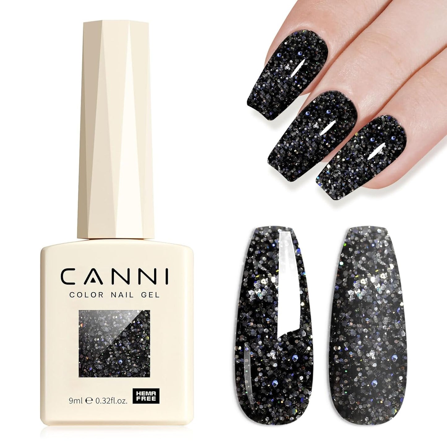 CANNI Glitter Gel Nail Polish - Black Diamond Glitter | 9ml Soak Off UV LED for DIY Nail Art & Manicure