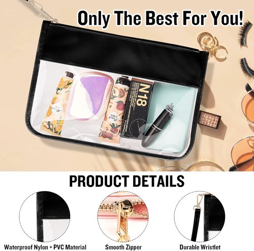 Izuzta Clear PVC Flat Pouch - Waterproof Travel Makeup Bag With Wristlet | Portable Toiletry Cosmetic Pouch (Black)