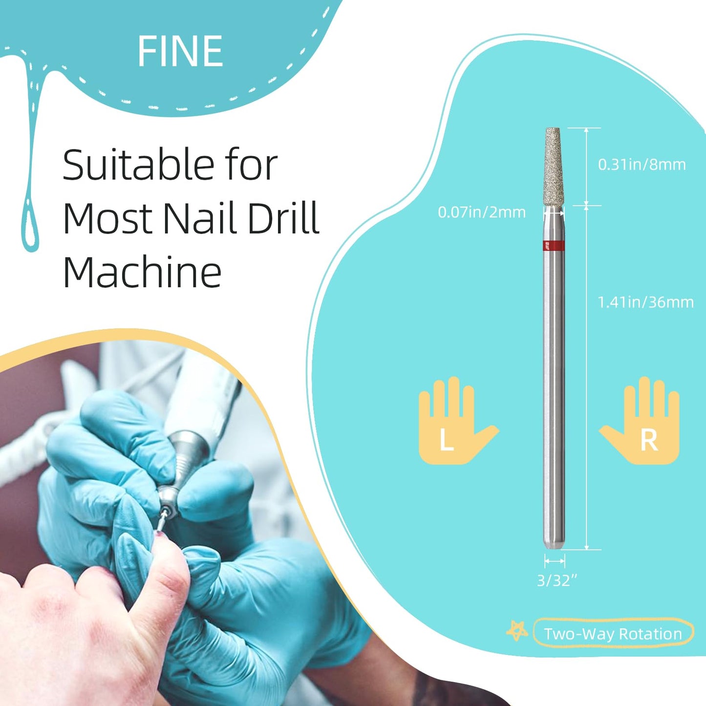 HYTOOS 2mm Tapered Barrel Cuticle Clean Nail Drill Bits, Russian Diamond Nail Bit Professional Safety Under Nail Cleaner Burr for Cuticle Dead Skin, Electric Nails Drill Accessories, Fine