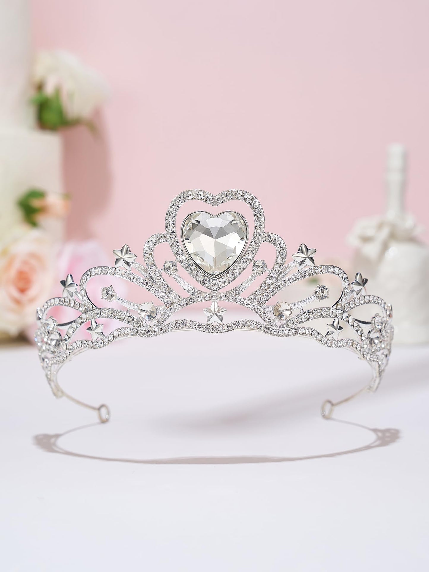 SWEETV Birthday Crowns for Women Birthstone Heart Princess Tiara Silver Wedding Headpiece for BirthDay Party Photograph, April