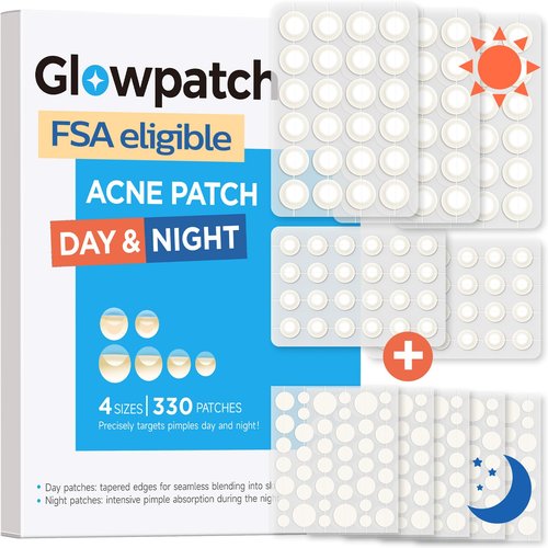 Glowpatch Pimple Patches for Face, Invisible Acne Patches 330 Count, Daytime Ultra Thin Spot Stickers for Covering Blemishes, Original Hydrocolloid Zit Patch 4 Sizes for Overnight Care (Day + Night)