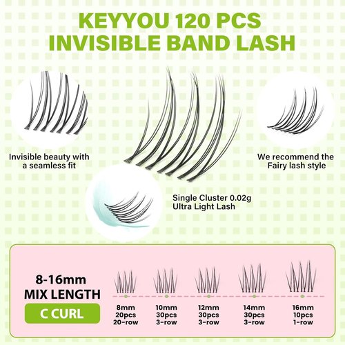 KEYYOU DIY Lash Clusters - 120 Pcs C Curl Waterproof False Eyelashes | Natural Look for Home Extensions