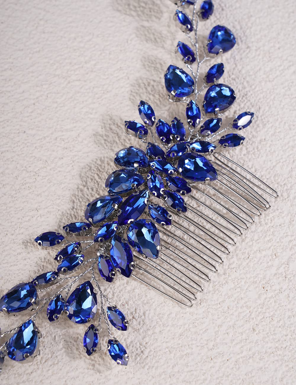 Jumwrit Wedding Hair Comb Rhinestone Teardrop Crystal Hair Comb Handmade Bridal Headpiece Hair Clip Party Hair Accessories for Wedding Bride Bridesmaid（Blue）