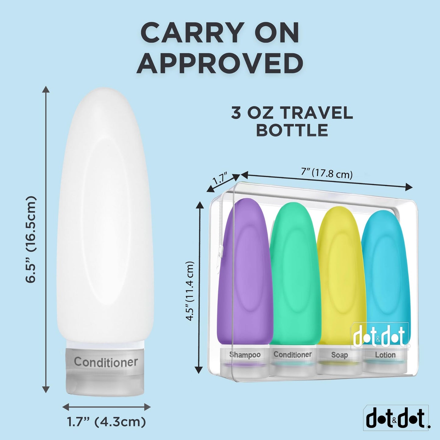 Dot&Dot Leak Proof Travel Bottles for Toiletries - TSA Approved Travel Shampoo Bottles - 3oz Travel Shampoo and Conditioner Bottles - Travel Size Toiletries - 3 oz Silicone Travel Bottles with Labels