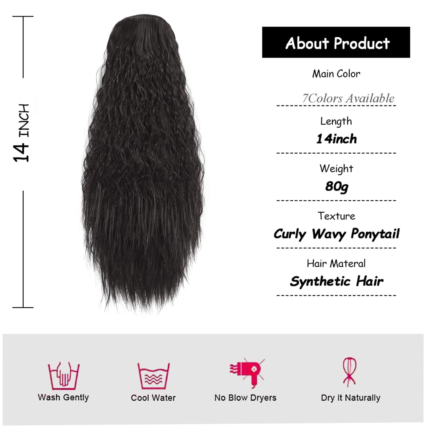 Uotp Short Drawstring Curly Ponytail 14 Inch Corn Wave Ponytails Clip in Synthetic Pony Tails Hairpieces for Black Women and Kids (Dark Brown)