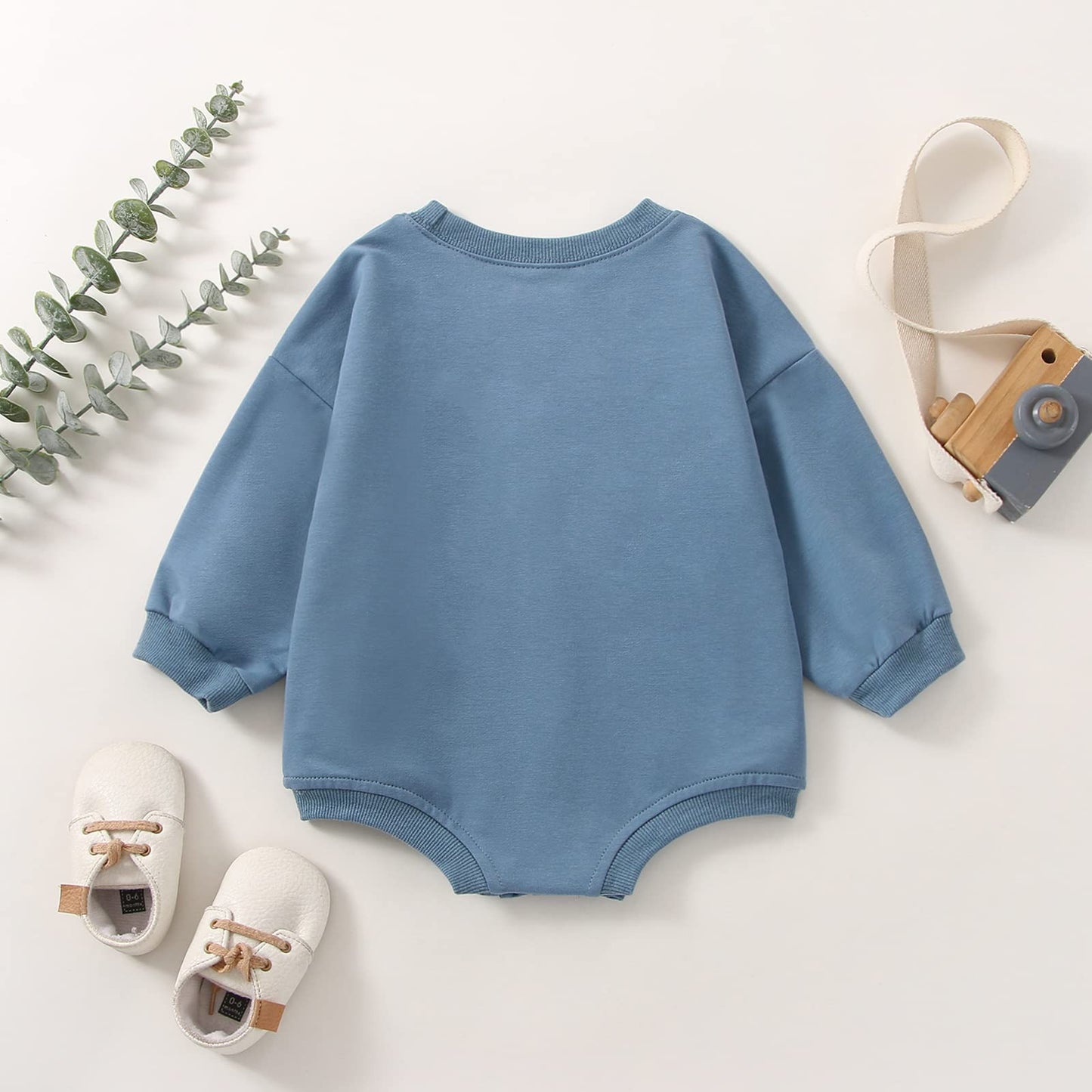 DOSYZTO Baby Girl Boy Sweatshirt Romper Outfit Solid Color Long Sleeve Round Neck Jumpsuit Infant Bodysuit Top (Solid Blue Romper,12-18 Months)