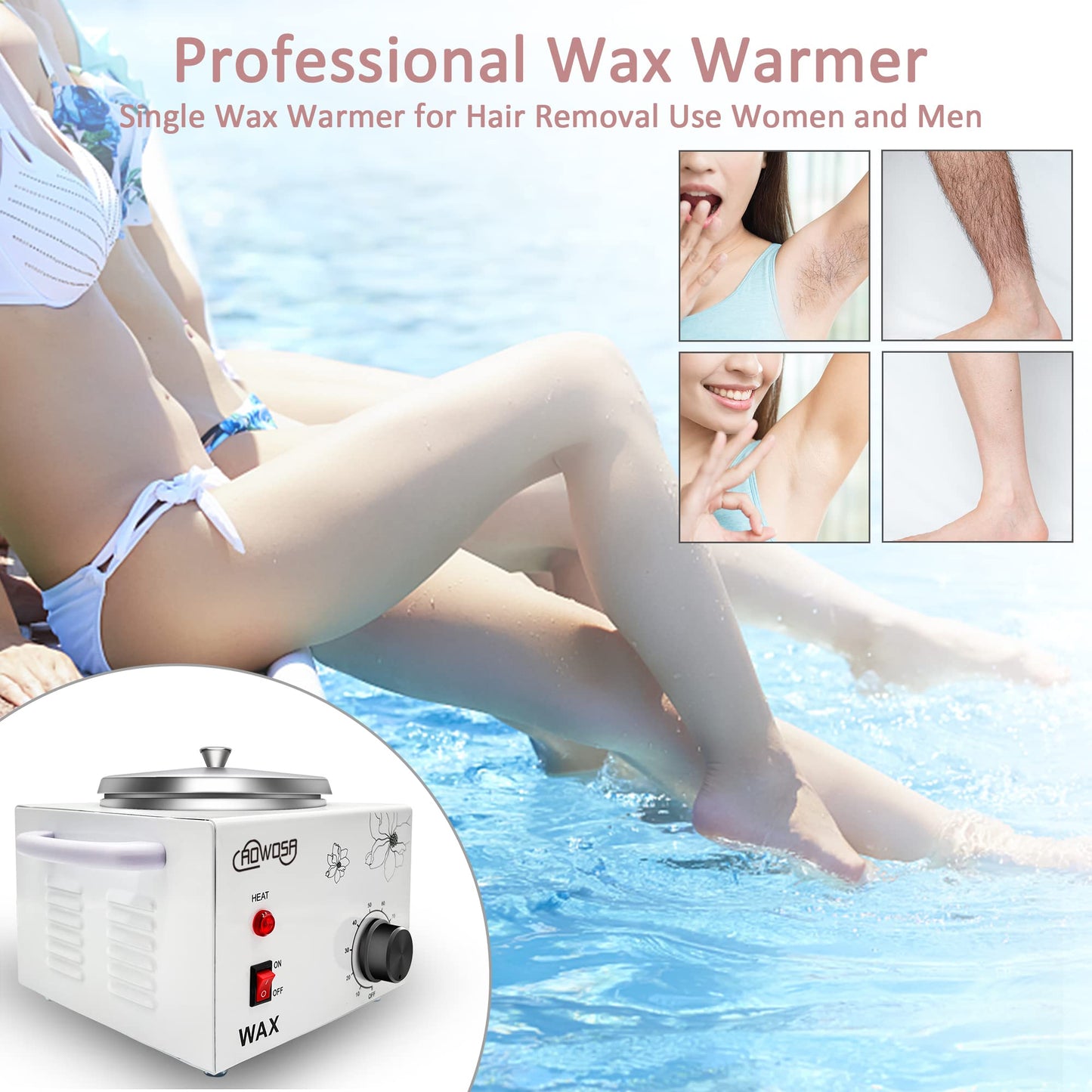 Single Electric Wax Warmer for Hair Removal, Large Paraffin Wax Pot with Adjustable Temperature Set, Facial Skin Body SPA Salon Equipment with 50 Wax Sticks & 20 Collars
