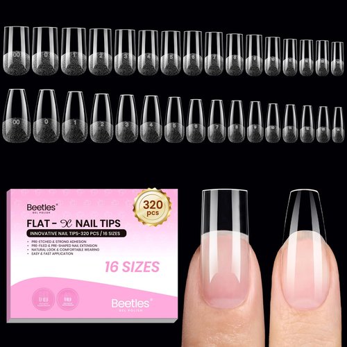 Beetles Gel Nail Tips Flat-X - Square Coffin Medium, 320pcs 16 Sizes, Pre-Etched Half Matte Full Cover Soft Acrylic Press on Easy DIY False Nail Extension Salon for Flat & Natural Nail Beds