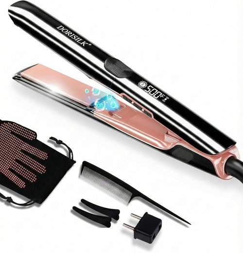 DORISILK 2-in-1 Hair Straightener & Curler - 500°F Fast Heating Ceramic Flat Iron | Dual Voltage Travel Friendly