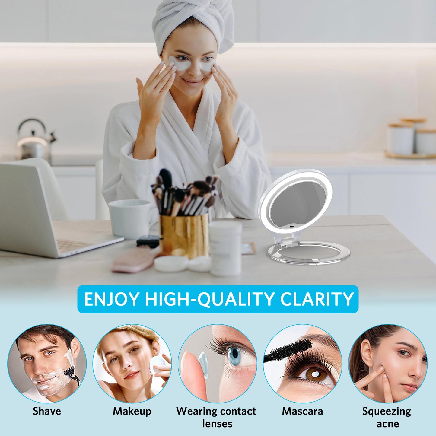 WEILY Magnifying Mirror with Light, 10X/1X Magnification Double-Sided Travel Makeup Mirror, with 3 Color Lights, Touch Control, Rechargeable Portable Mirror for Bedroom, Bathroom (White)
