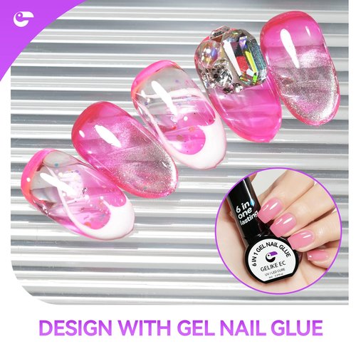 Gelike EC Nail Glue Gel 6 in 1 for Press-On Nails and Nail Tips Long Lasting Extension Strong Hold Brush-On UV Adhesive for Acrylic Tips Quick Dry Low-Odor No Pop-Off DIY at Home & Salon Art Use