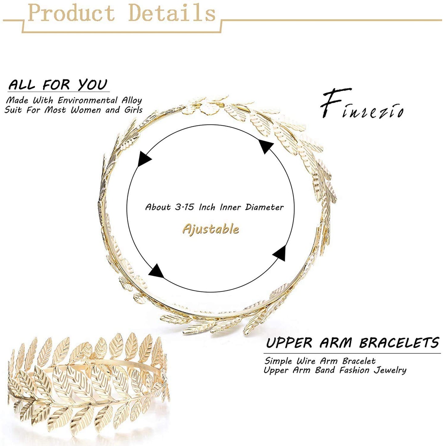 FUNRUN JEWELRY 4PCS Greek Goddess Headband Arm Cuff Bridal Jewelry Set Roman Laurel Leaf Branch Crown Armlet Upper Arm Band Bracelet for Women Party