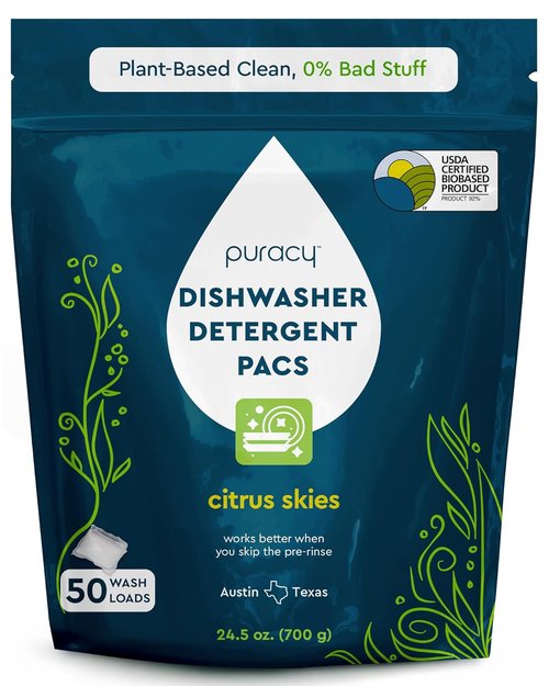 Puracy Dishwasher Pods - Natural Enzyme-Powered Detergent for Spotless Dishes | Citrus Skies, 50 Count