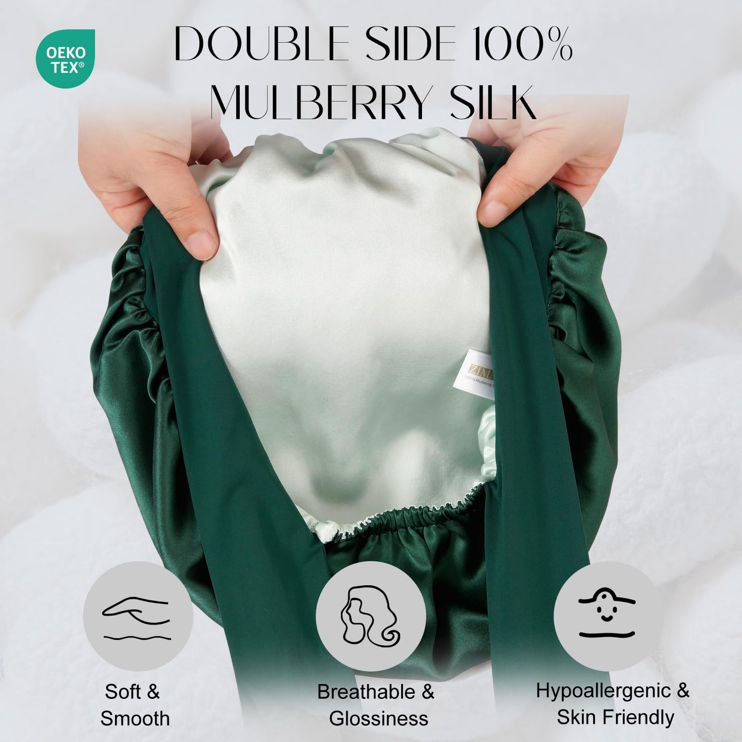 ZIMASILK 100% Mulberry Silk Bonnet for Sleeping Women Long Hair Double Layer Silk Wrap with Tie Band Stay On Head for Hair Care (1Pc, Blackish Green)