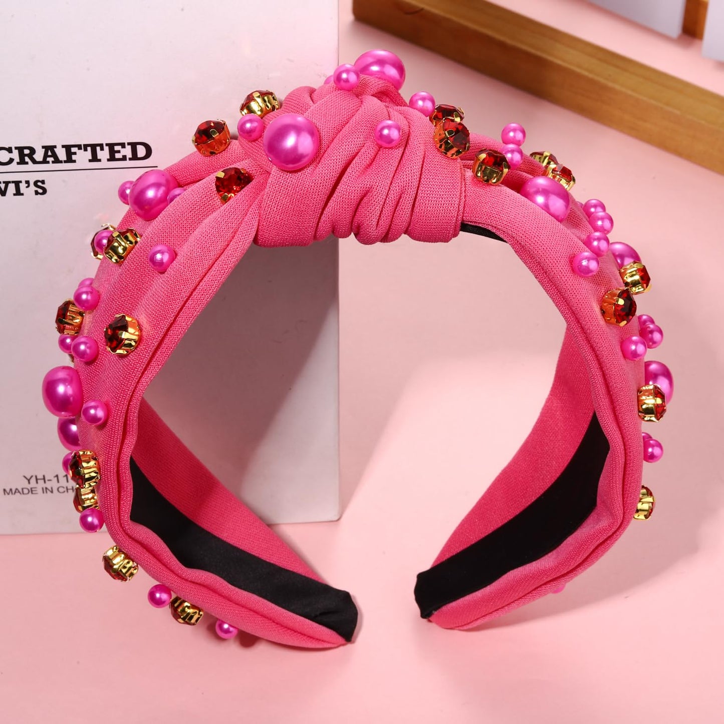 Valentines Day Headband Pearl Rhinestone Knotted Headband for Women Valentine's Holiday Hot Pink Wide Twist Jeweled Hairband Valentine Party Hair Accessories Gifts (hot pink hairband A)