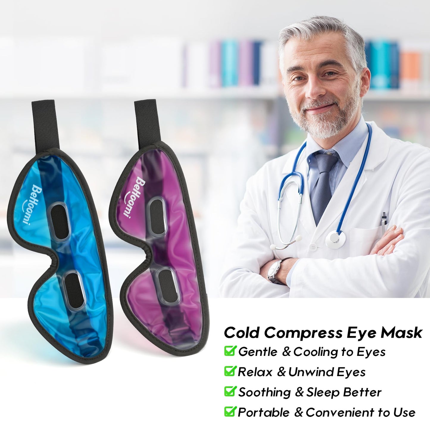 BeHoomi Cooling Eye Mask, Gel Eye Mask Cold Compress for Eyes, Reusable Eye Ice Pack, Cool Relaxation, Comfort Snug Fit, No Freeze, Eye Cover Ice Mask for Home, Office, 2PCS, Blue & Purple