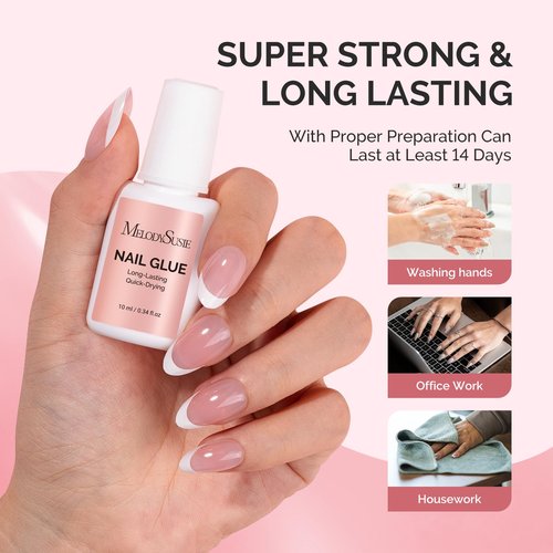 Melodysusie Brush-On Nail Glue for Acrylic Nails Press on Nails Quick-Drying Super Strong Long Lasting Adhesive for Nail Tips Fake Nails No UV Lamp Needed with Easy Application 10ml*3