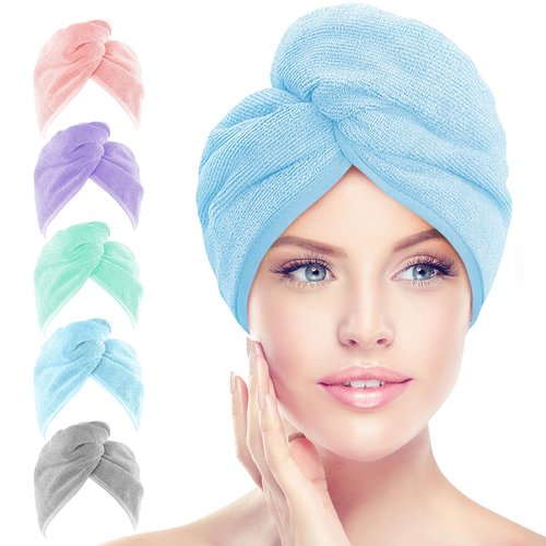 AIDEA Microfiber Hair Towel Wrap, 5 Pack Hair Turbans, Super Absorbent Quick Dry Hair Towel Wrap for All Hair Types Anti Frizz, 26"×10"