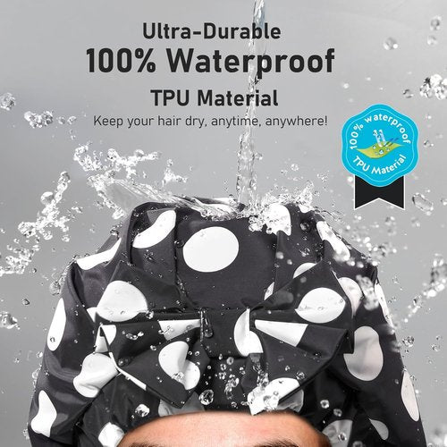 LitBear Luxury Silk Lined Shower Cap - Waterproof, Adjustable, Double Layered for Long & Short Hair - Black Dots