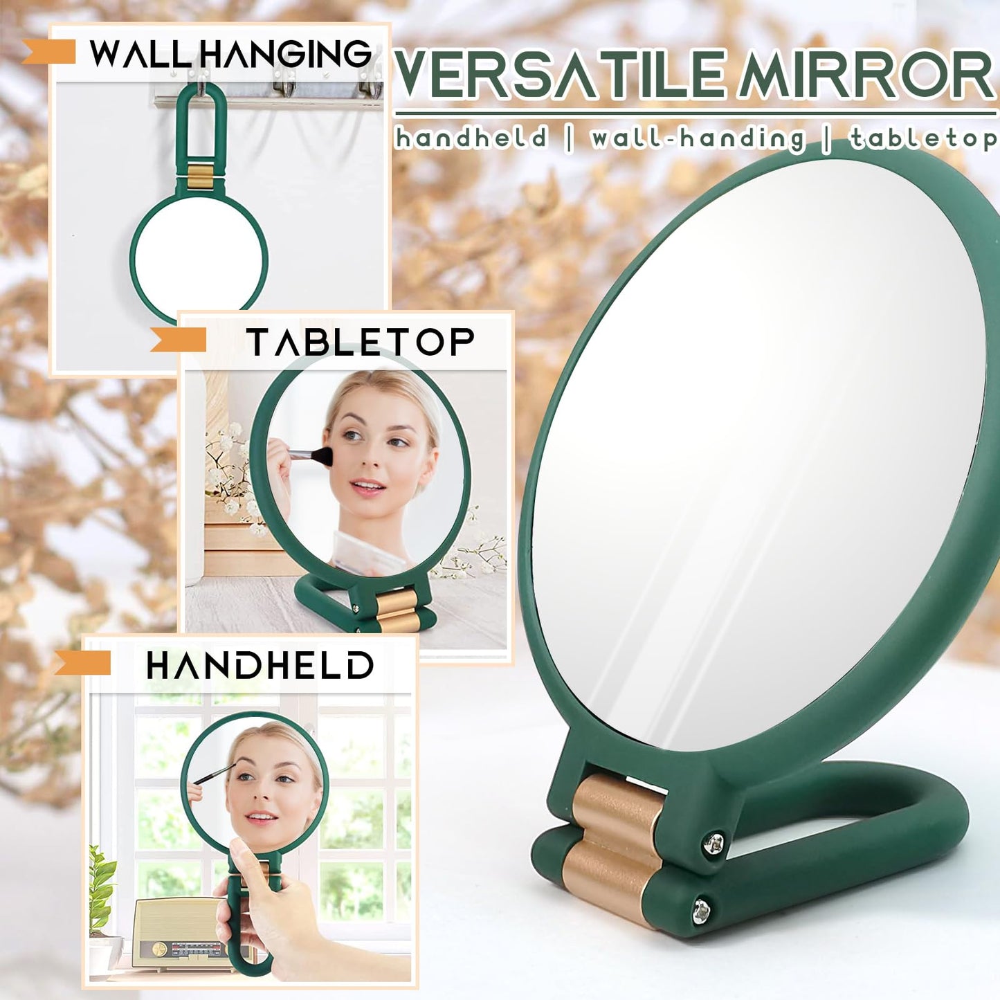 Novadex 1x 5X Magnifying Mirror, Handheld Hand Mirror with Handle, Travel Hand Held Vanity Mirror, Compact Double Sided Portable Magnification Small Make Up Mirrors for Precision Makeup (Army Green)