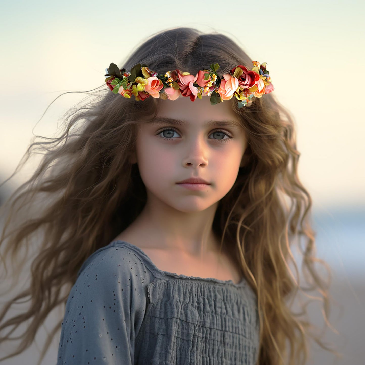 LLinfflr Boho Flower Crown Flower Garland Headband Hair Wreath Floral Halo Headpiece Wedding Party Photos Orange