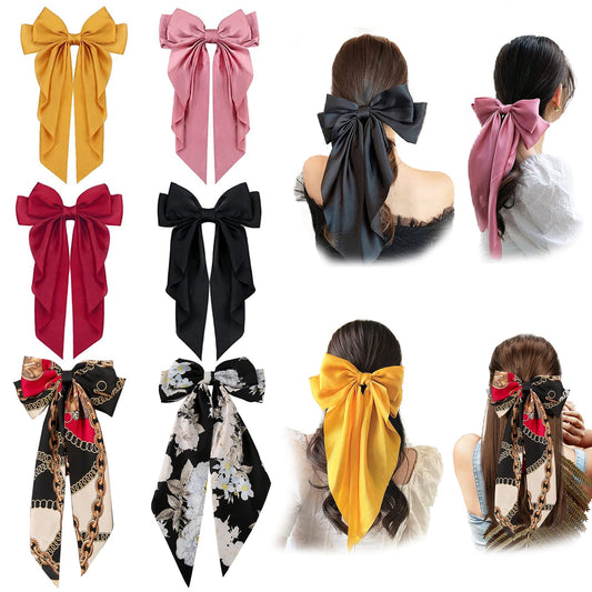 6-Pack Silky Satin Hair Barrettes: Large Bow Hair Clips, French Barrettes with Long Tails, Floral & Plain Colors, Big Bow Clips for Women Girls Hair (90s Style Accessories)