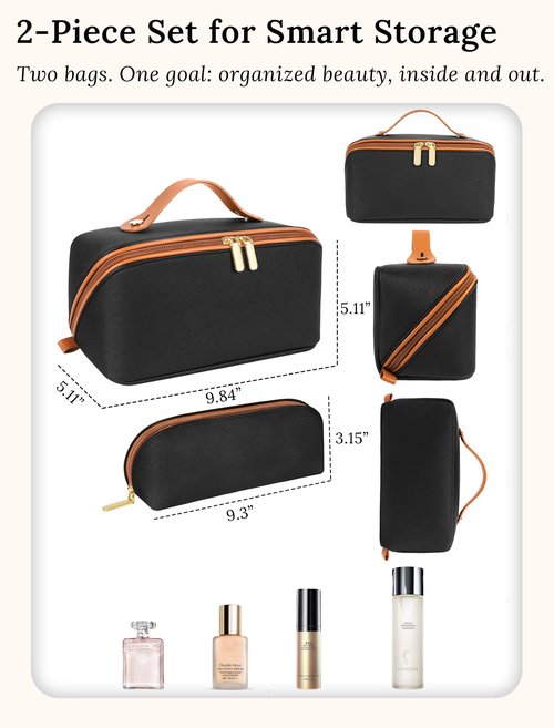 ALEXTINA Travel Makeup Bag, Large Capacity Cosmetic Bags for Women, 2Pcs Makeup Organizer Bag, Wide Open Flat Portable Pounch with Dividers, Waterproof Toiletry Bag for Women (Brown and Black)