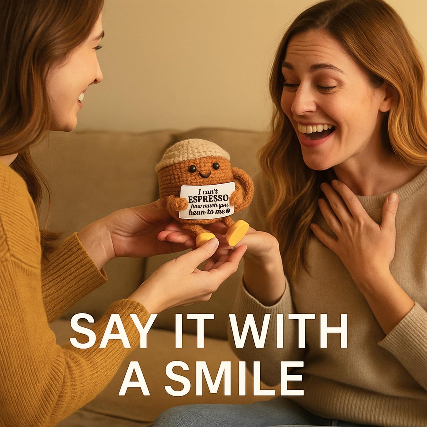 Valentine's Day Gifts for Her Him Women Men Girlfriend Boyfriend Birthday Gifts, Positive Crochet Coffee Cup Desk Decor, Cute Small Coffee Lover Gift for Best Friend Couple Wife Husband