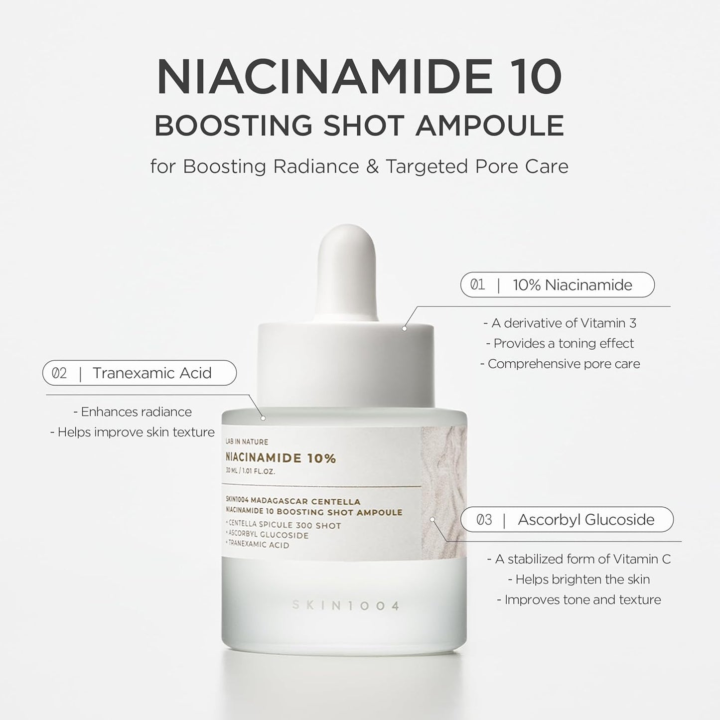 SKIN1004 Niacinamide 10% Boosting Shot Ampoule - Pore Minimizing Facial Serum with Tranexamic Acid | 1.01fl.oz/30ml