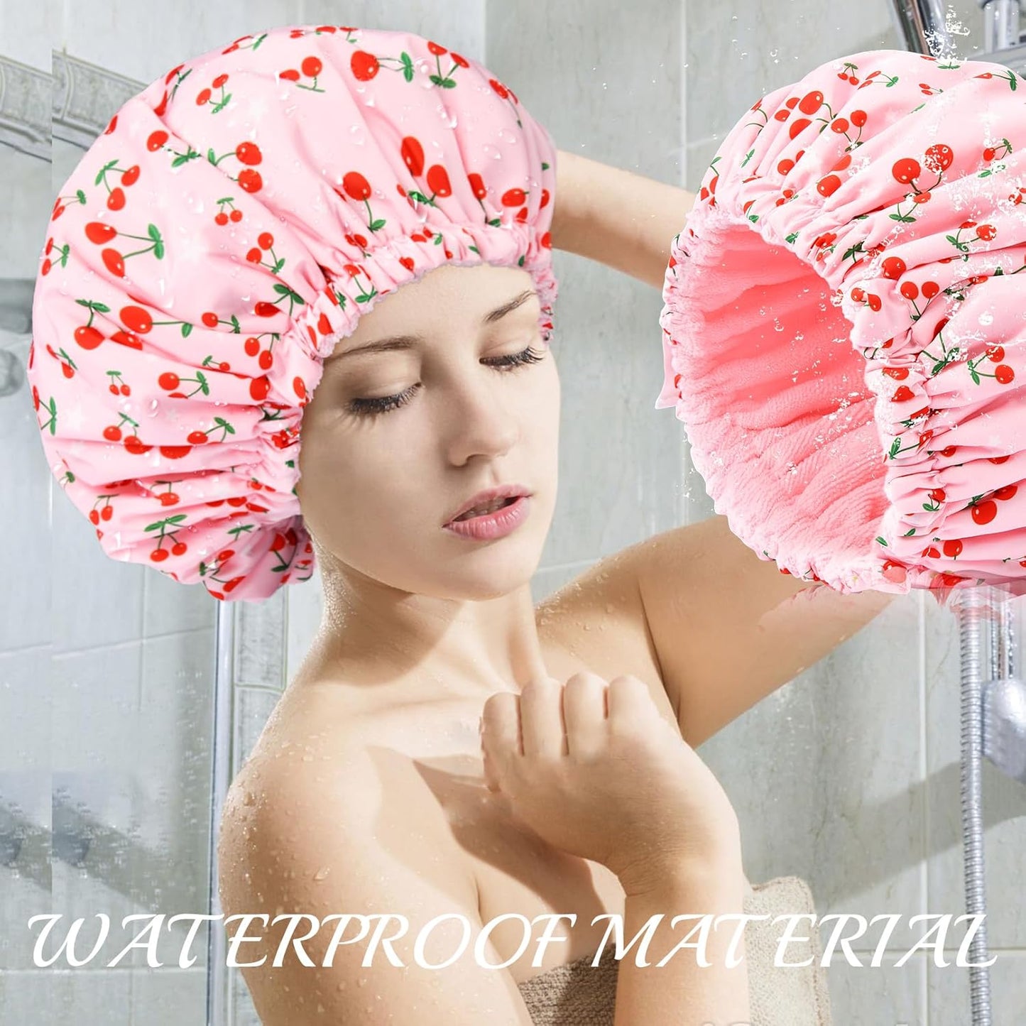 Skiennix Shower Cap - Waterproof Terry Lined Bath Cap for Long Thick Hair - Large Pink Size