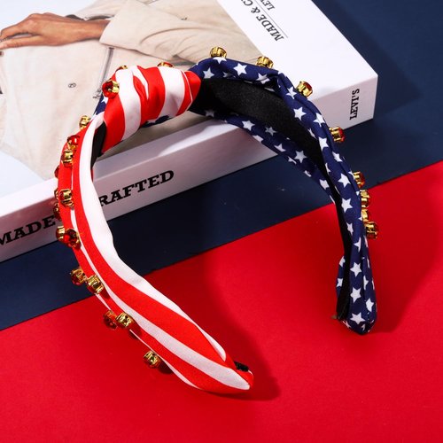 4th of July Headband American Flag Crystal Star Knottted Headband for Women Fourth of July Patriotic Headband Headpiece Red White and Blue Stripe Top Knot Wide Hairband Party Favor Gift (red white