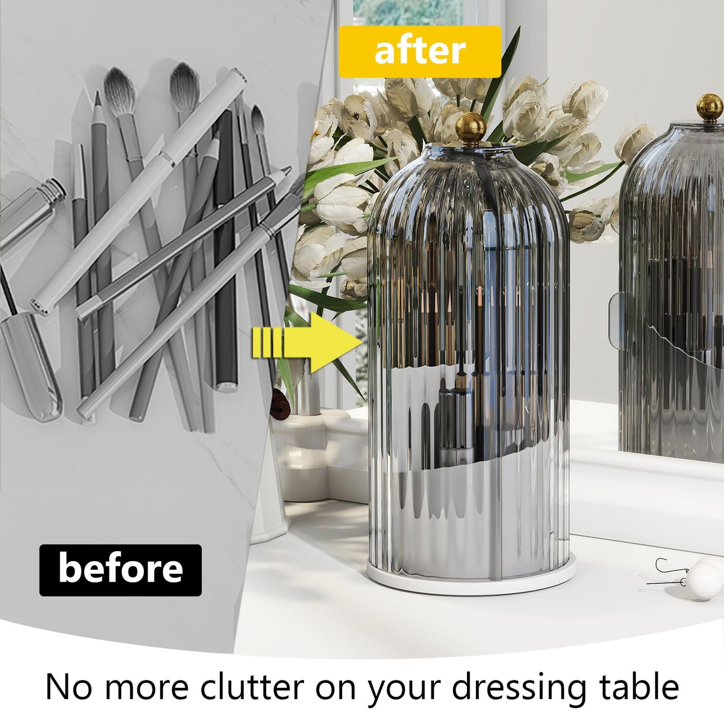 Emljkvp Makeup Brush Holder with Dustproof Cover 360 Rotating Makeup Brush Organizer for Vanity Bathroom, Grey