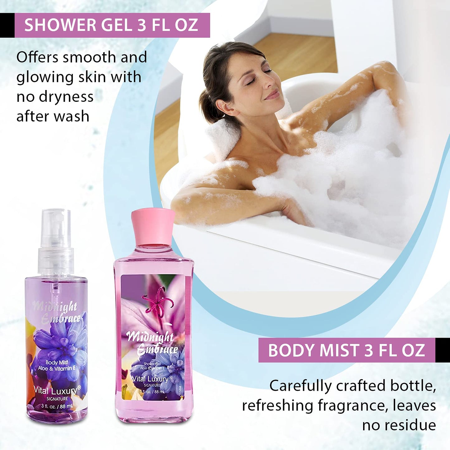 Vital Luxury Midnight Embrace Bath & Body Kit, 3 Fl Oz, Ideal Skincare Gift Home Spa Set, Includes Body Lotion, Shower Gel, Body Cream, and Fragrance Mist, Birthday Mother's Day Gifts